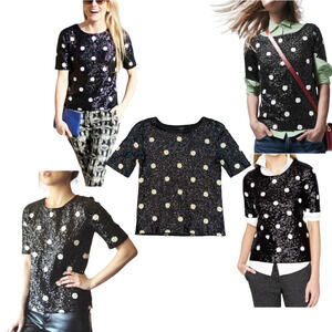 J CREW SEQUIN TOP  ROUND NECK VERSATILE S/S BLACK CREAM  POLKA DOT SHIRT SZ S